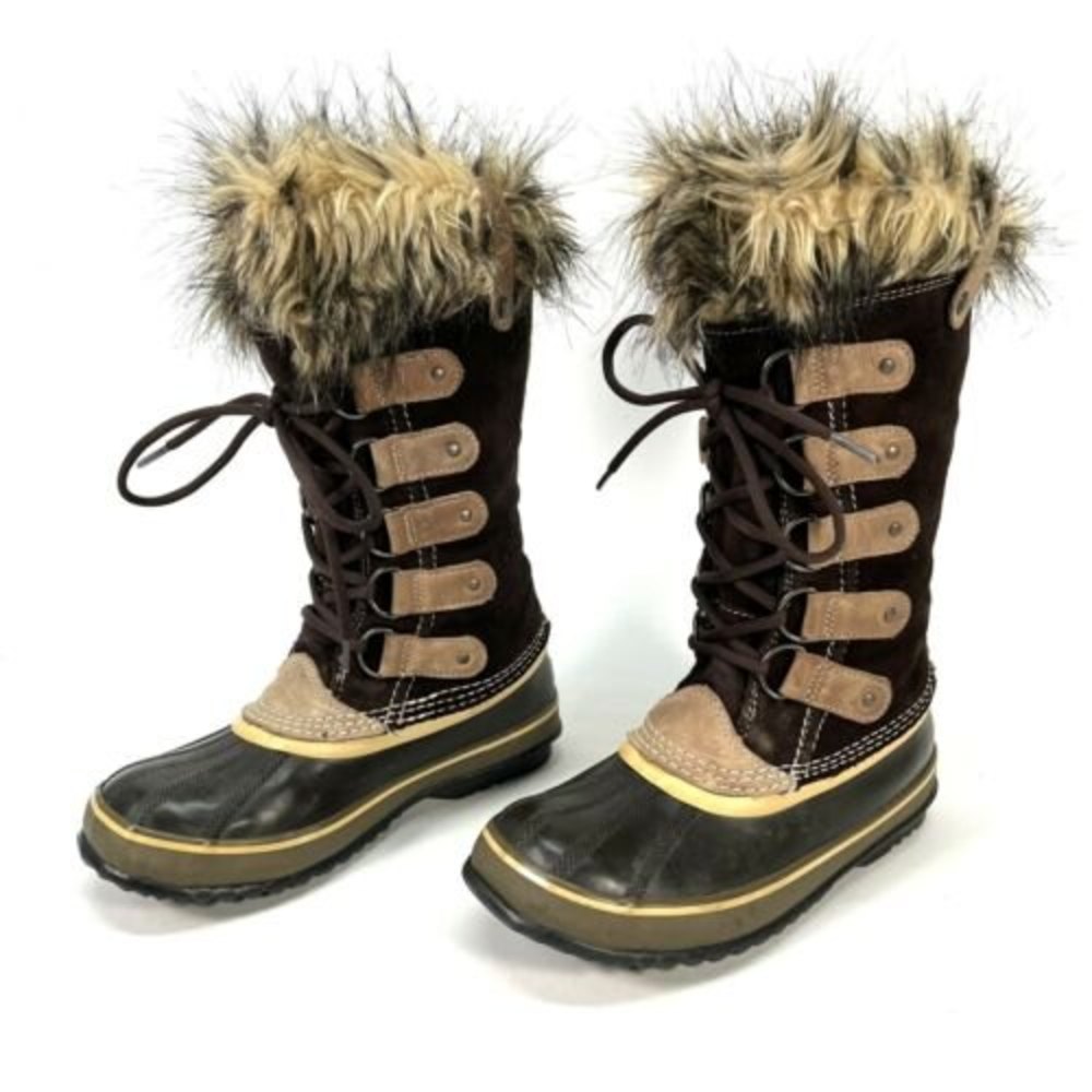 Sorel Joan of Arctic Winter Boots Womens Size 7 Brown Leather Faux Fur EUC